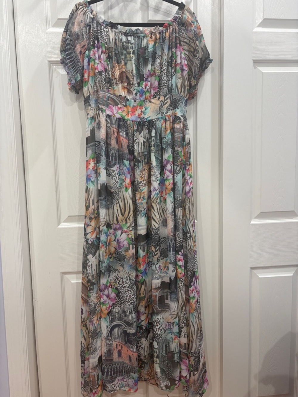 Maxi Dress - Floral & Animal Print Off-Shoulder Maxi Dress in Multicolor